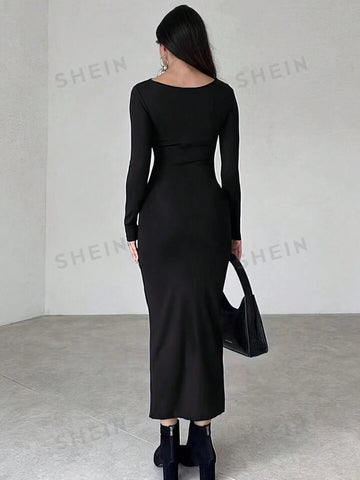 SHEIN Solid Color Pleated Tight-Fitting Dress For Women
